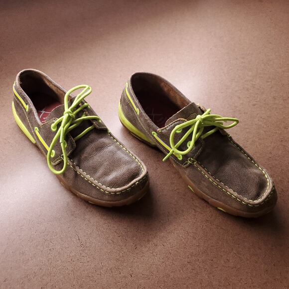 Twisted X Shoes - Twisted X Driving Mocs Women 8.5M Brown Leather Neon Yellow WDM0010 Boat Shoe